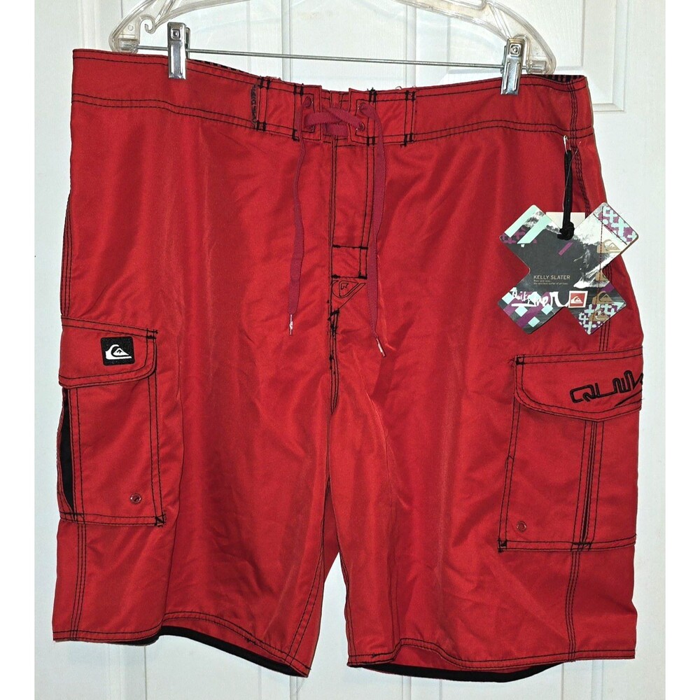 Quiksilver Board Shorts Red Cargo Swim Trunks Kelly Slater Mens Size 40 Y2K VTG